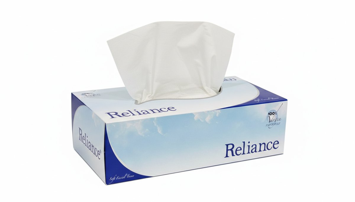 Facial tissues Reliance  made of 100% virgin pulp   SIZE 200 X2 Ply Brand : RELIANCE  Made in UAE.  